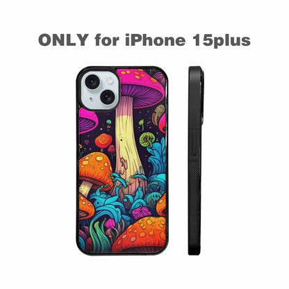 iPhone 15 Plus Case — Psychedelic Mushroom Cartoon Pattern, Custom Printed Phone Case