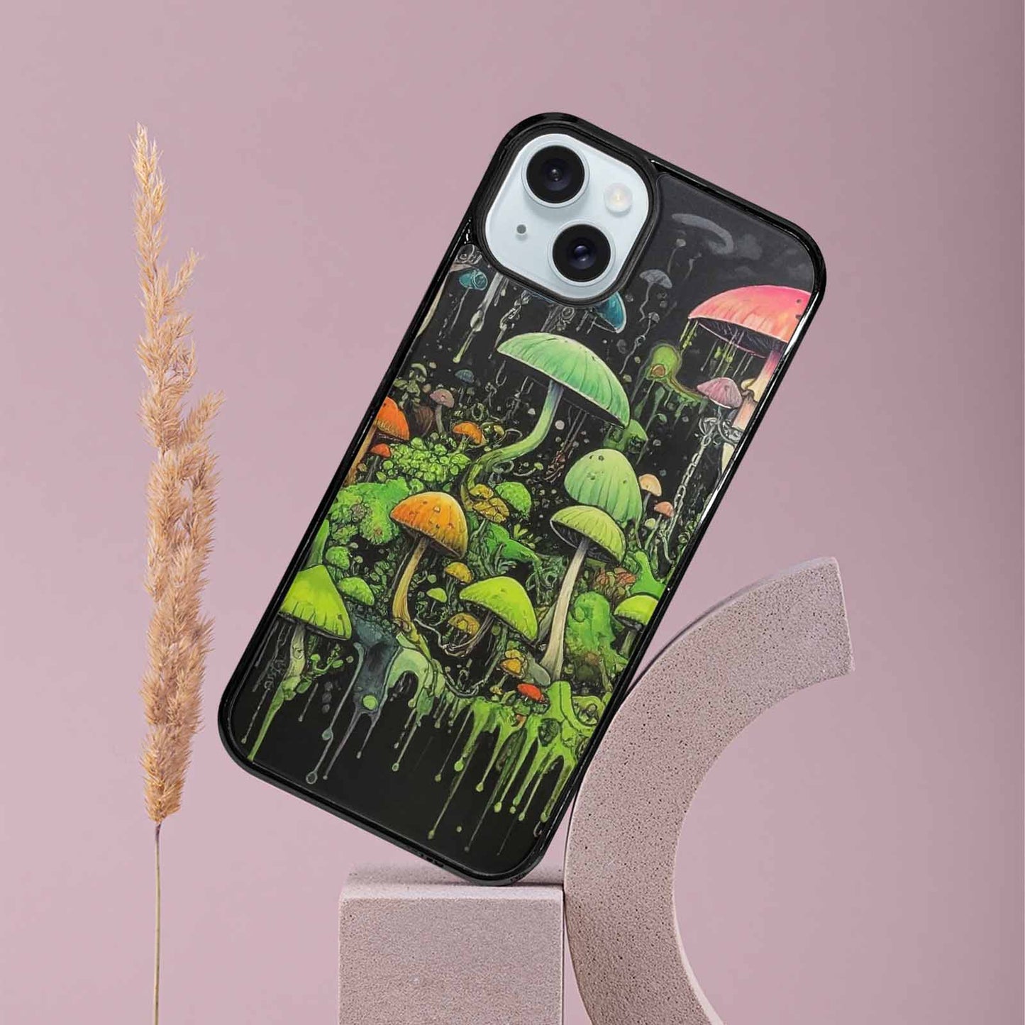 iPhone 15 Plus Case — Rainbow Drip Mushrooms Black Green Ink, Customized Protective Case