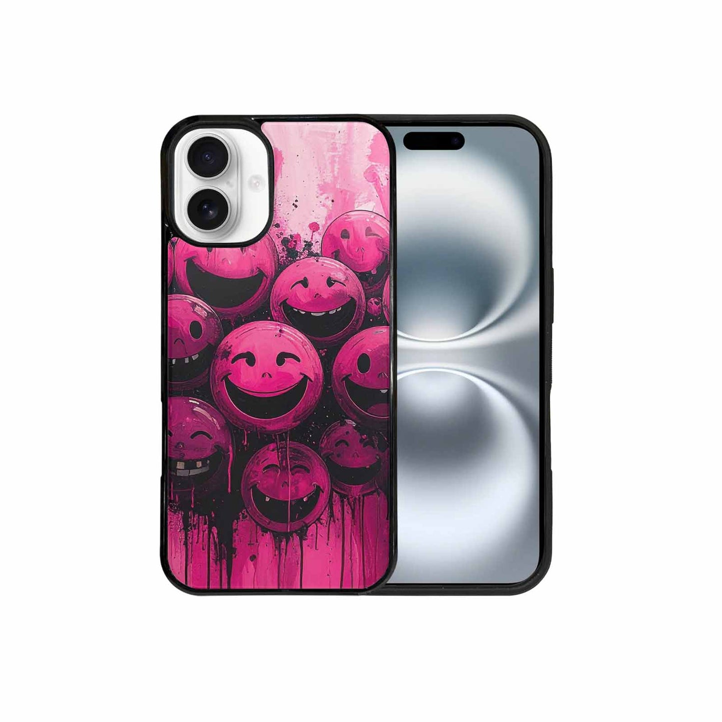 iPhone 16 Plus Case — Melting Moon Smiley Black Pink Ink, Original Design Phone Case