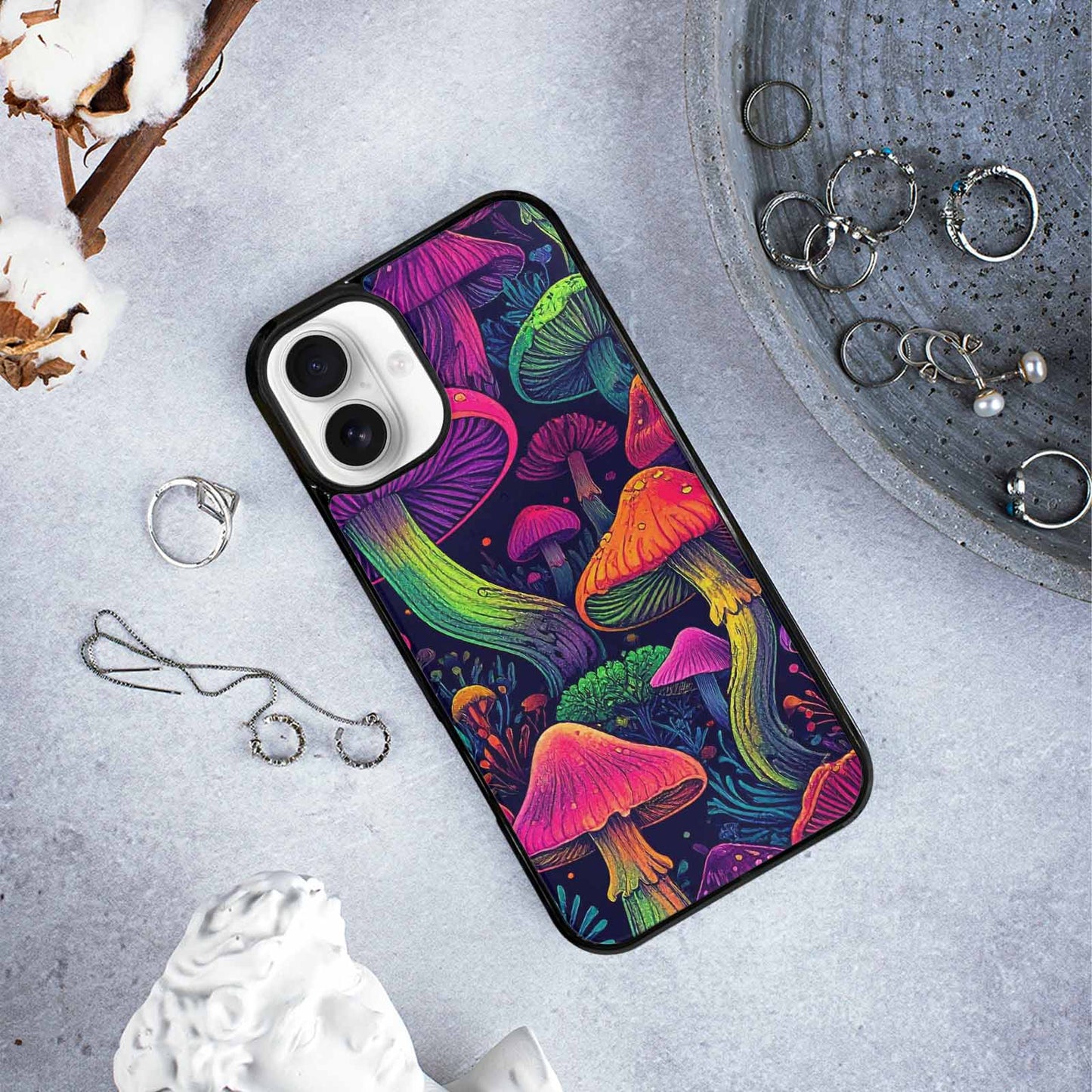 iPhone 16 Plus Case — Mushroom Psychedelic Art Seamless Pattern Vibrant, Custom Made Phone Cover