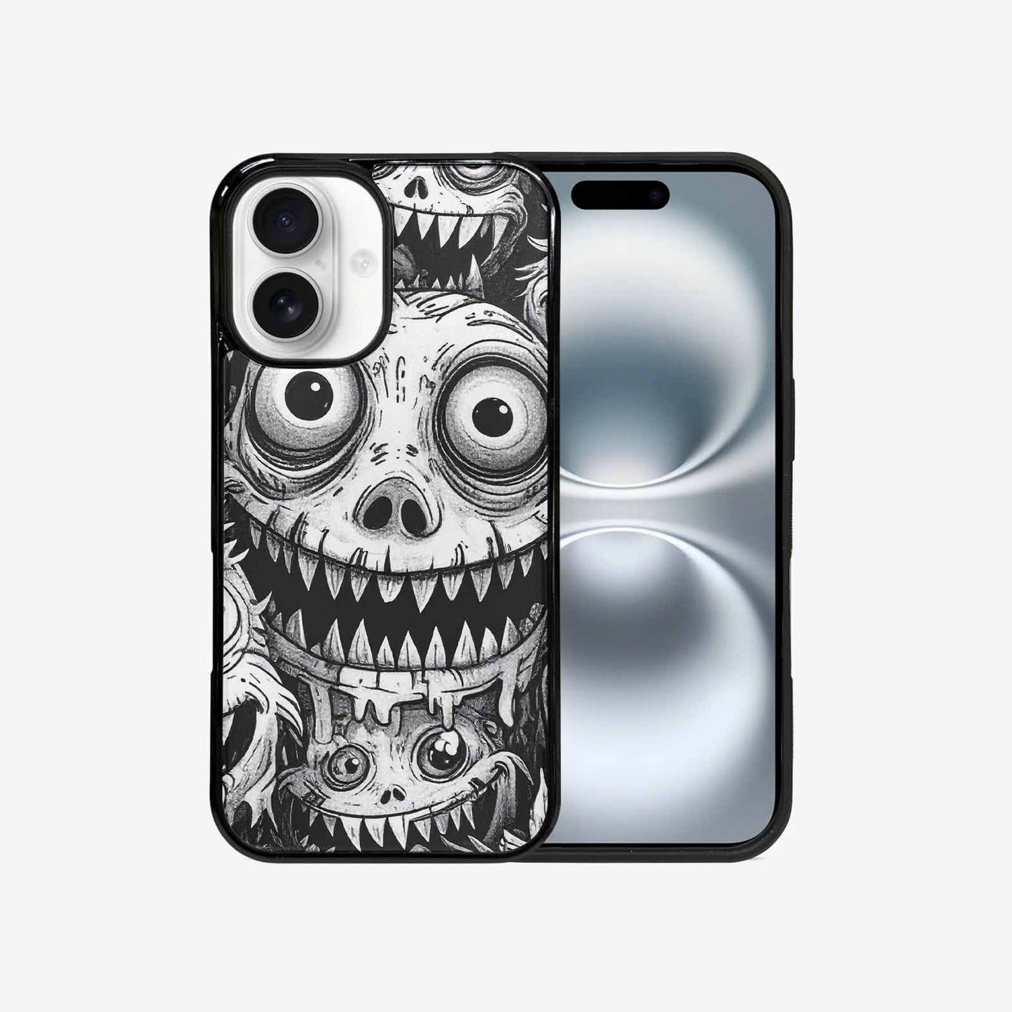 iPhone 16 Case — Black And White Monster Face Collage, Custom Printed Phone Case