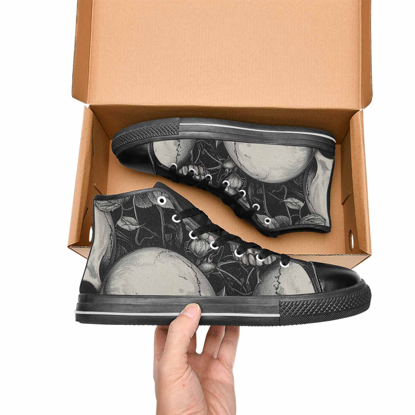 WOMEN'S Skulls Roses Pen Ink High Top Canvas Grunge Custom Shoes