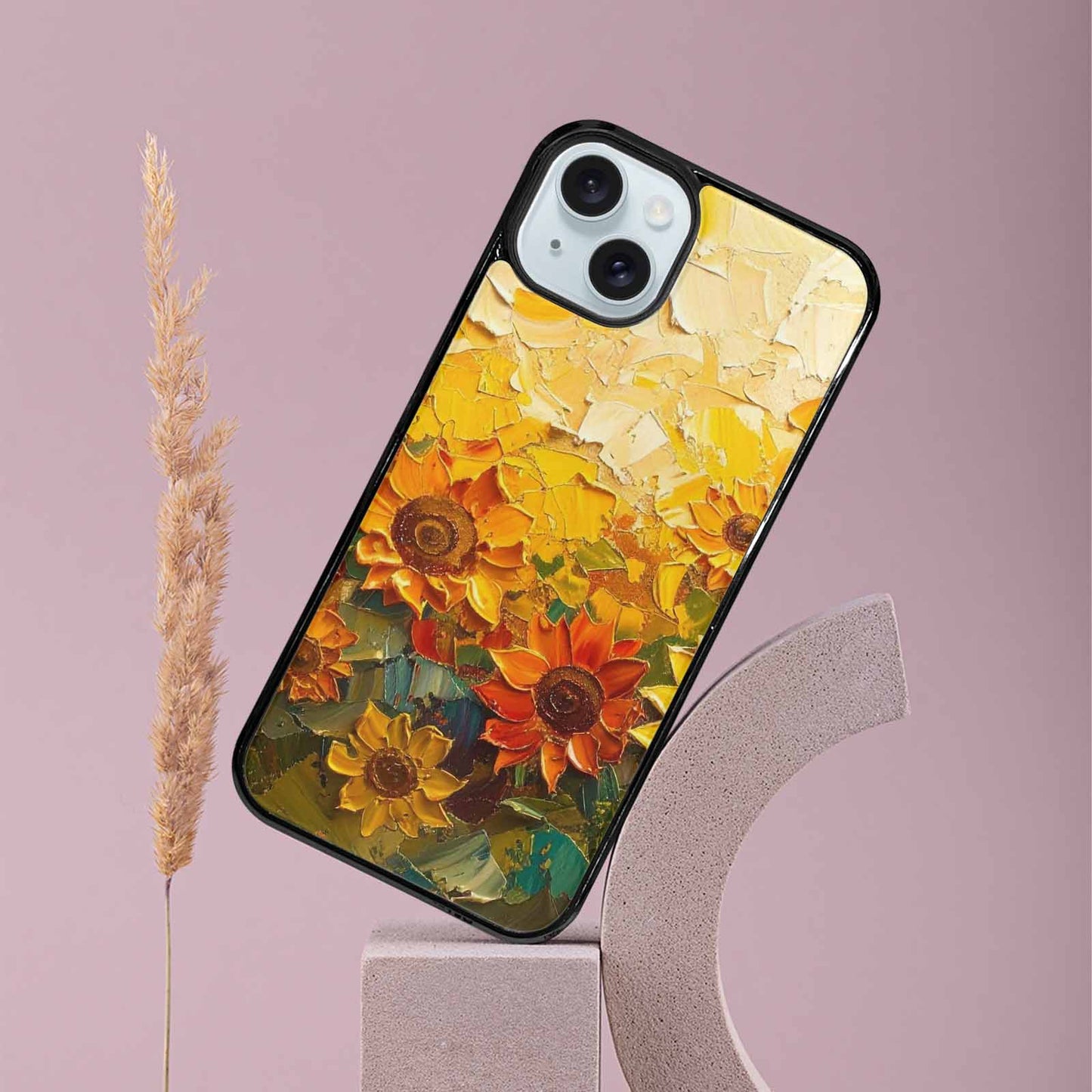 iPhone 15 Plus Case — Impressionist Sunflower Brushstroke Pattern Hundreds Of, Custom Designed Case Cover