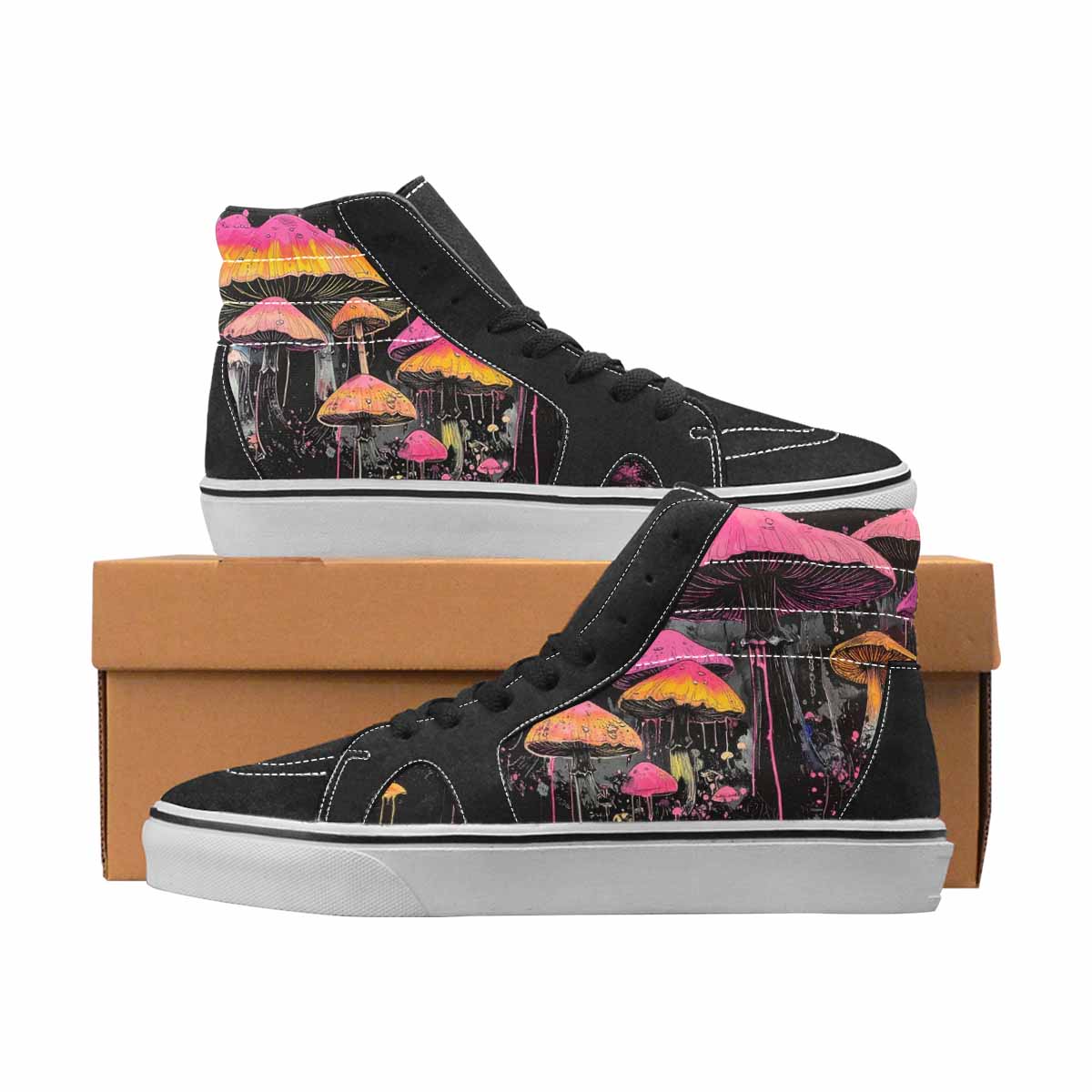WOMEN'S Mushrooms Black & Pink Ink High Top Canvas Boutique Aesthetic Handmade Custom Shoes