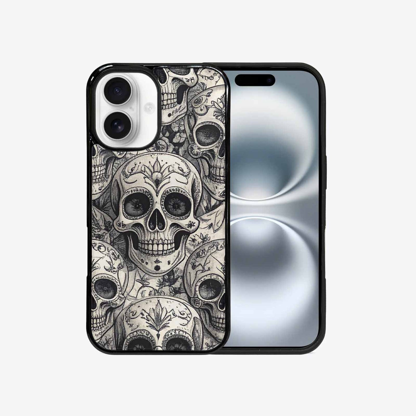 iPhone 16 Case — Intricately Detailed Sugar Skulls In Black, Unique Phone Case Design