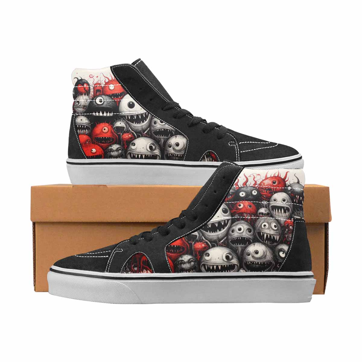 WOMEN'S Monsters Black & Red Ink High Top Canvas Custom Design Aesthetic Customized Sneakers