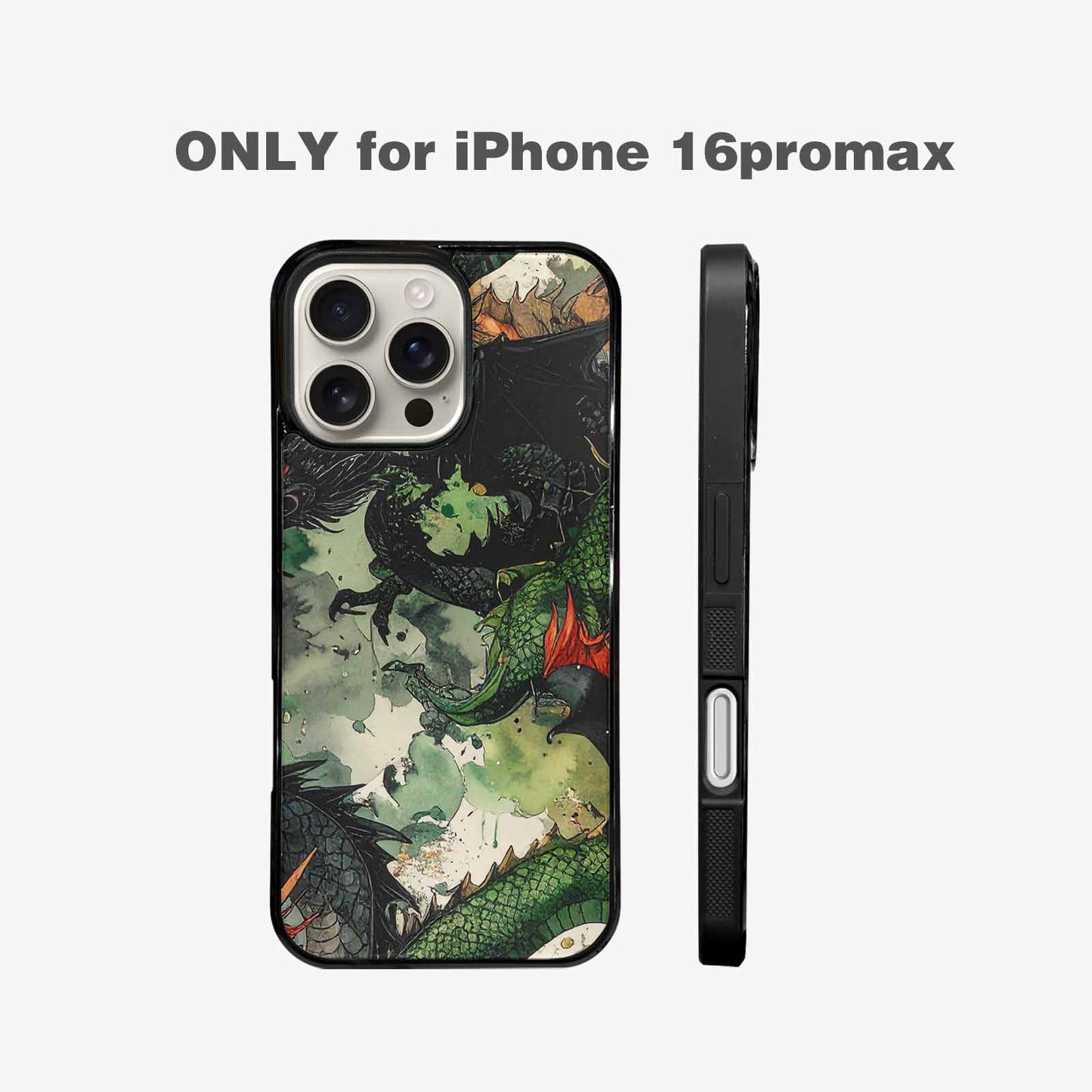 iPhone 16 Pro Max Case — Dragon Scale Black Green Ink Dragons, Unique Phone Case Design