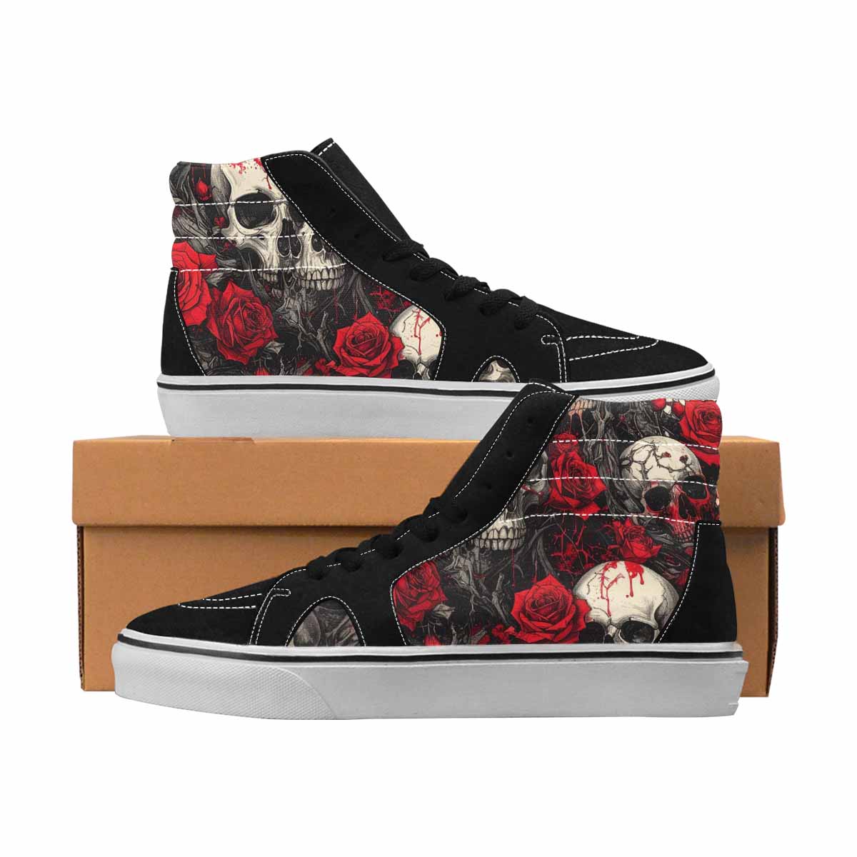 MEN'S Skulls Black & Red Ink High Top Canvas Statement Melting Art Custom Shoes