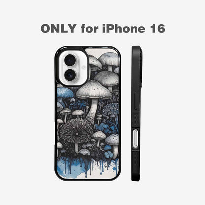 iPhone 16 Case — Mushrooms General Black Blue Ink Mushrooms, Unique Phone Case Design