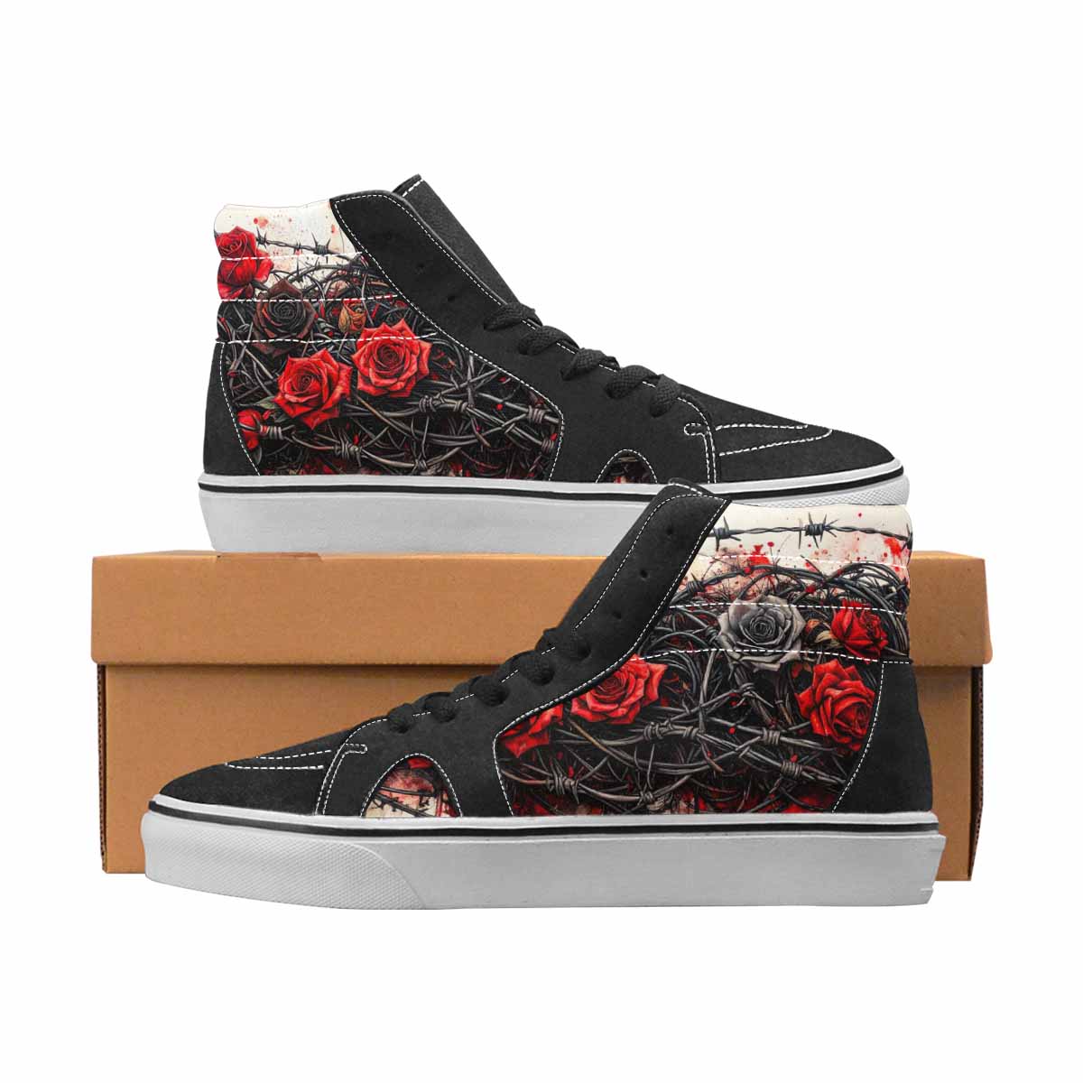 WOMEN'S Barbed Wire Black & Red Ink High Top Canvas Personalized Grunge Sneakers