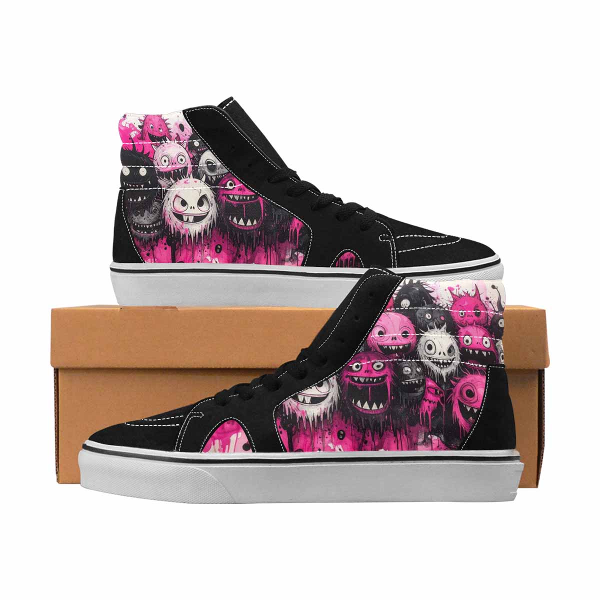 MEN'S Monsters Black & Pink Ink High Top Canvas Artist-designed Neon Fantasy Handmade Custom Shoes