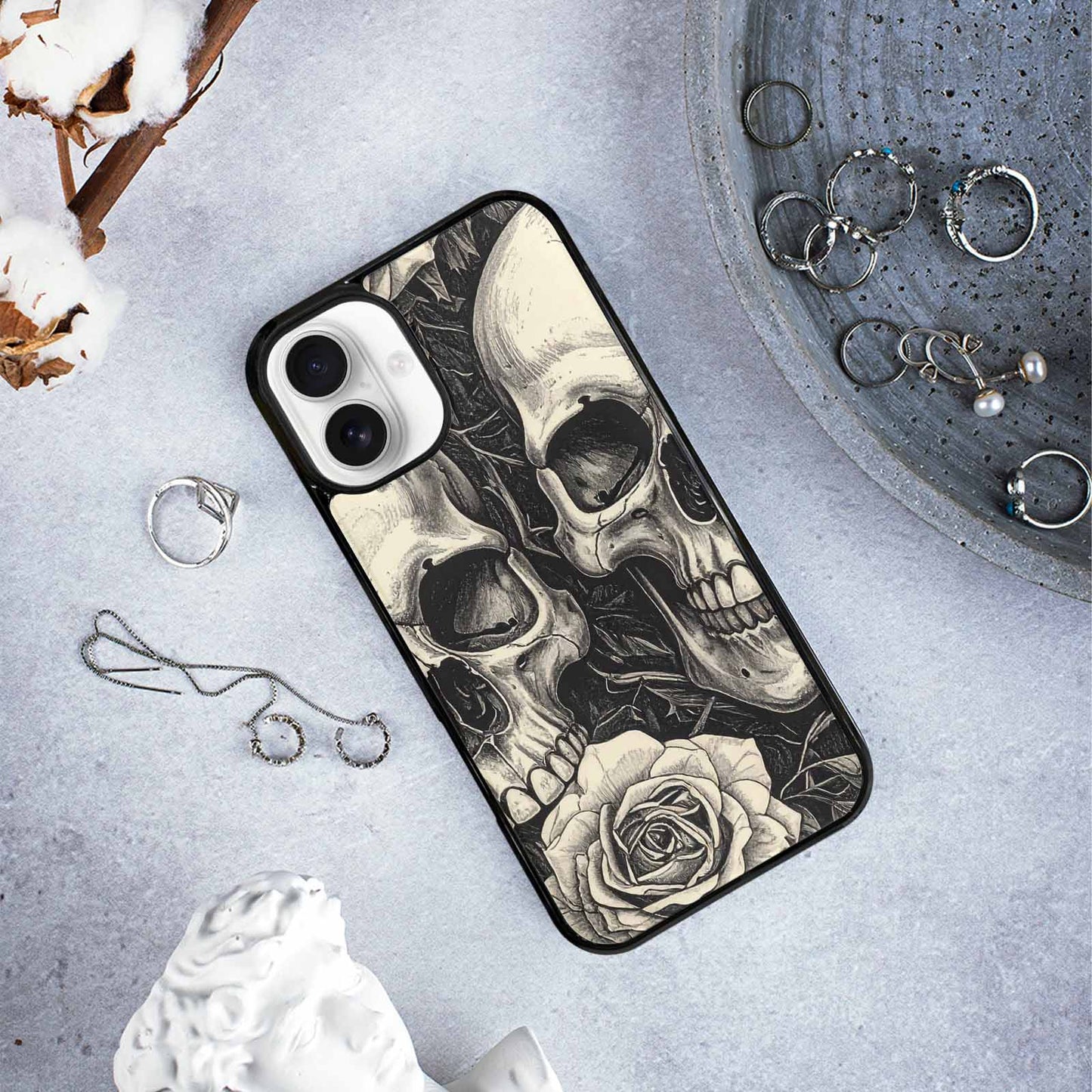 iPhone 16 Plus Case — 20 Skulls Overlapping Seamless Tileable Pattern, Custom Made Phone Cover