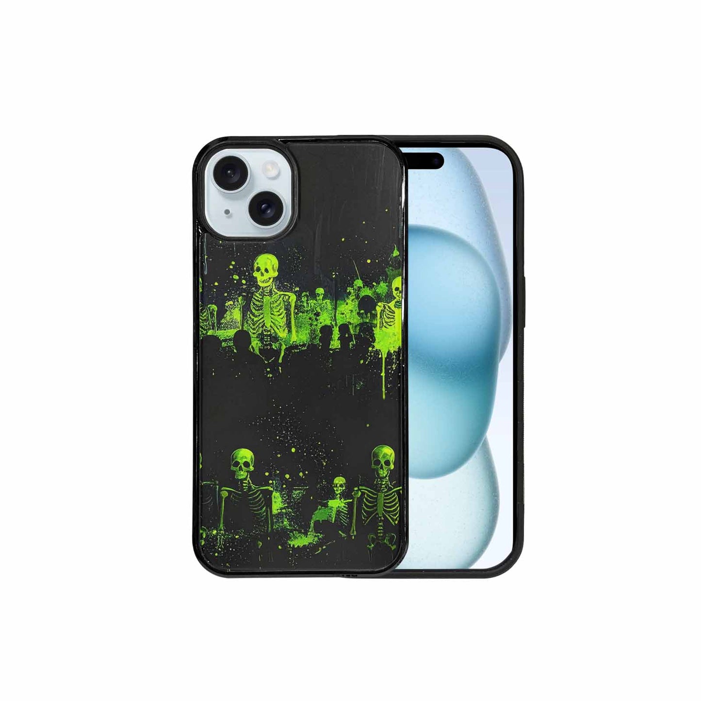 iPhone 15 Plus Case — Skeletons Neon Green Glow Skeletons Pattern, Custom Art Phone Cover