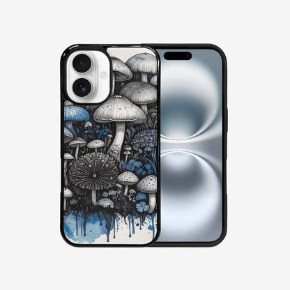 iPhone 16 Case — Mushrooms General Black Blue Ink Mushrooms, Unique Phone Case Design