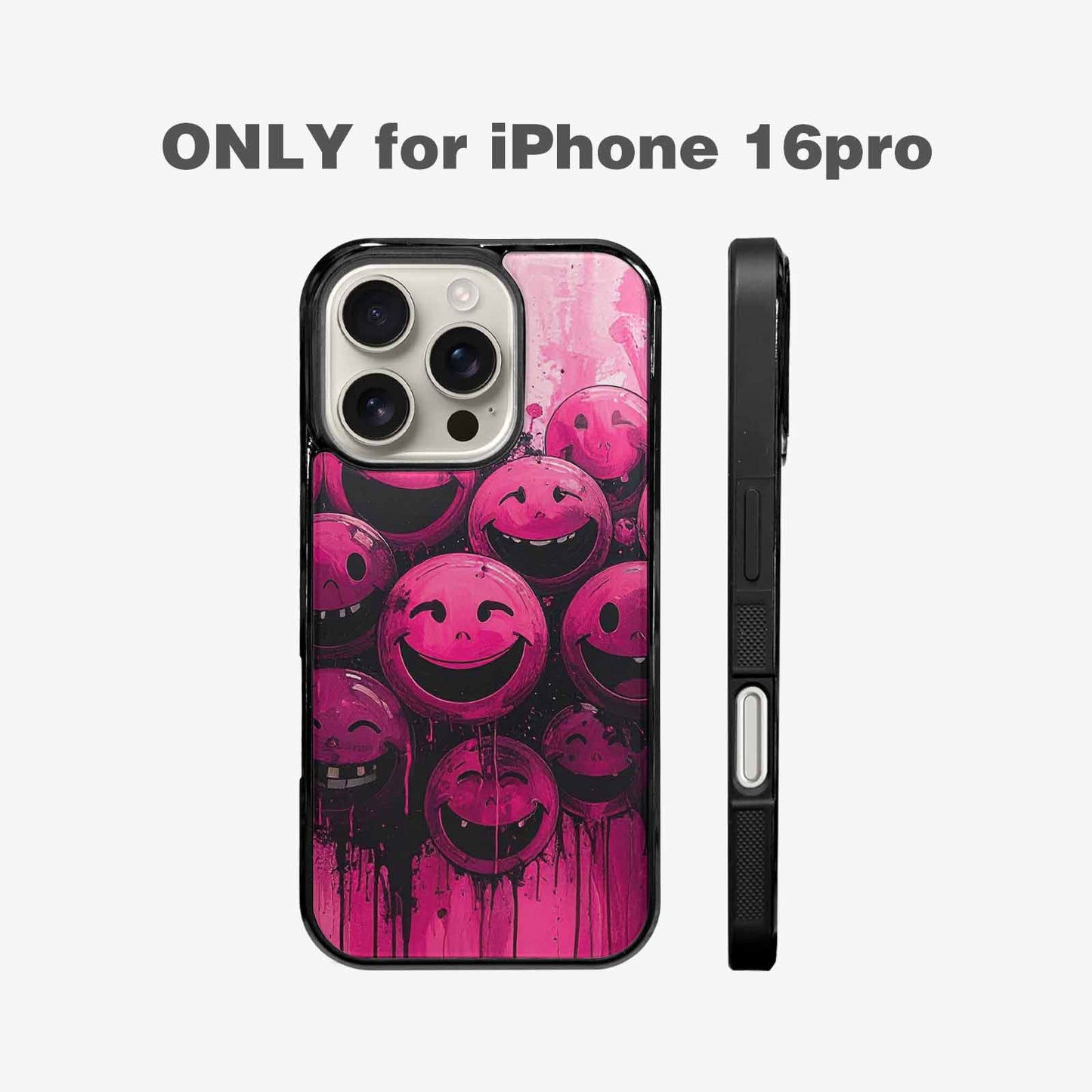 iPhone 16 Pro Case — Melting Moon Smiley Black Pink Ink, Custom Print Case Cover