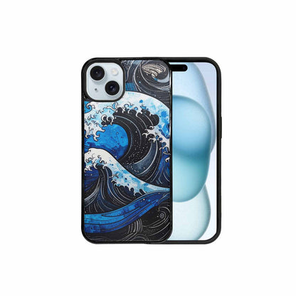 iPhone 15 Plus Case — Nautical Wave Black Blue Ink Wave, Personalized Phone Case