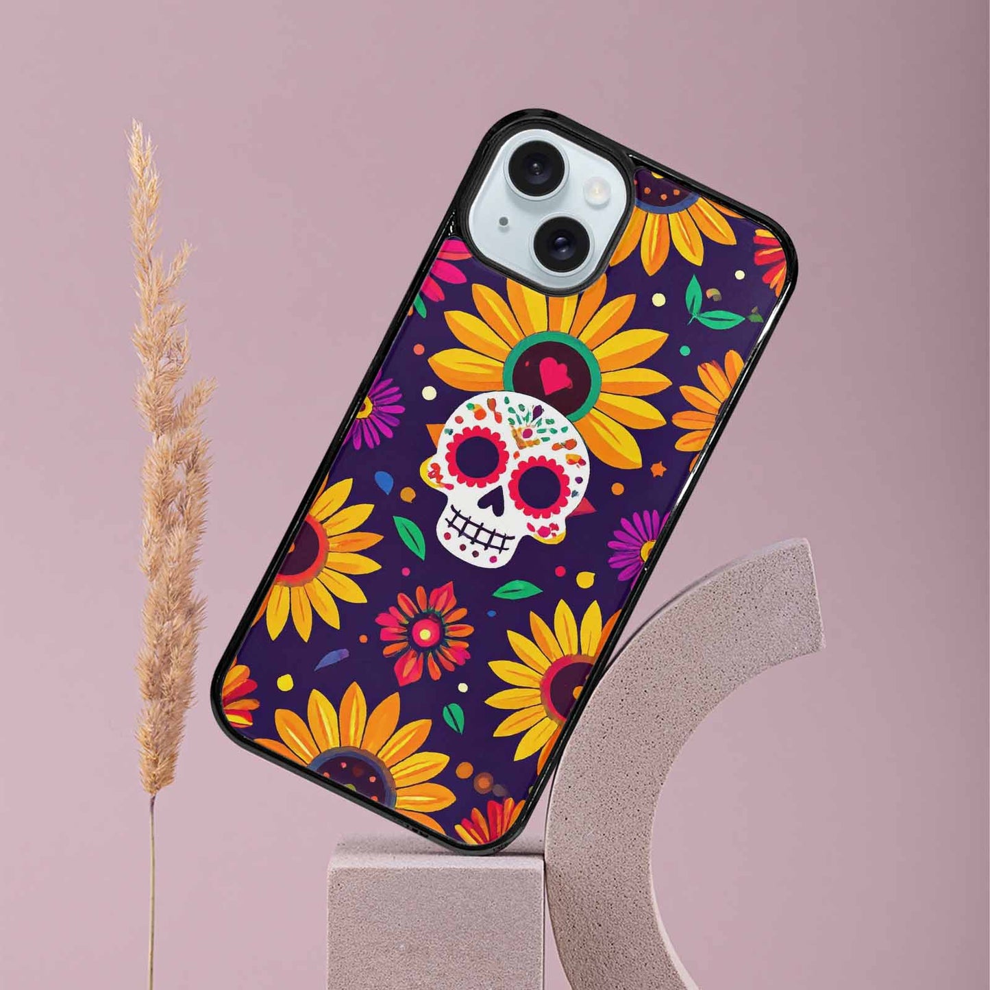 iPhone 15 Plus Case — Sunflowers Hundreds Of Skulls Art Seamless, Unique Phone Case Design