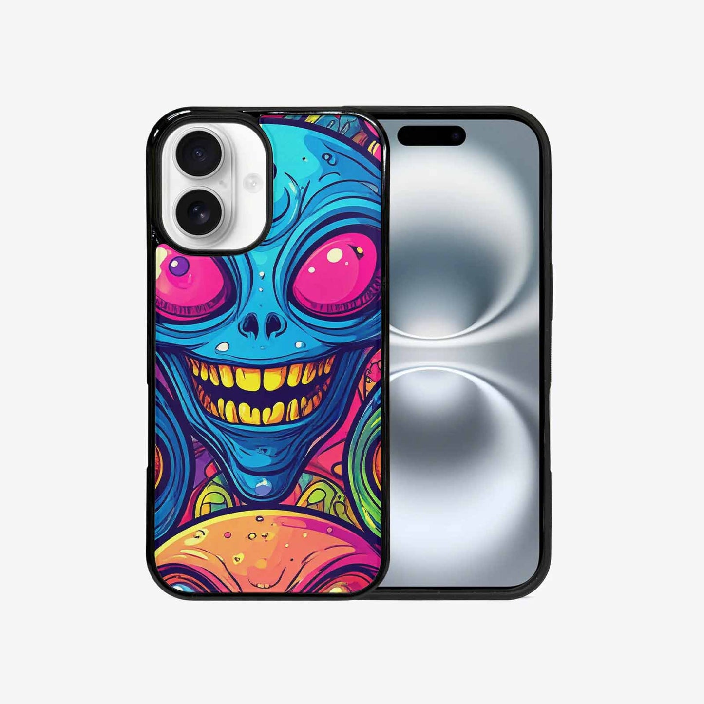 iPhone 16 Case — Alien Ufo Cartoon Art Pattern Groovy, Custom Printed Phone Case