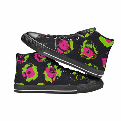 WOMEN'S Leopard Neon Rosette Black High Top Canvas Surreal Sneakers