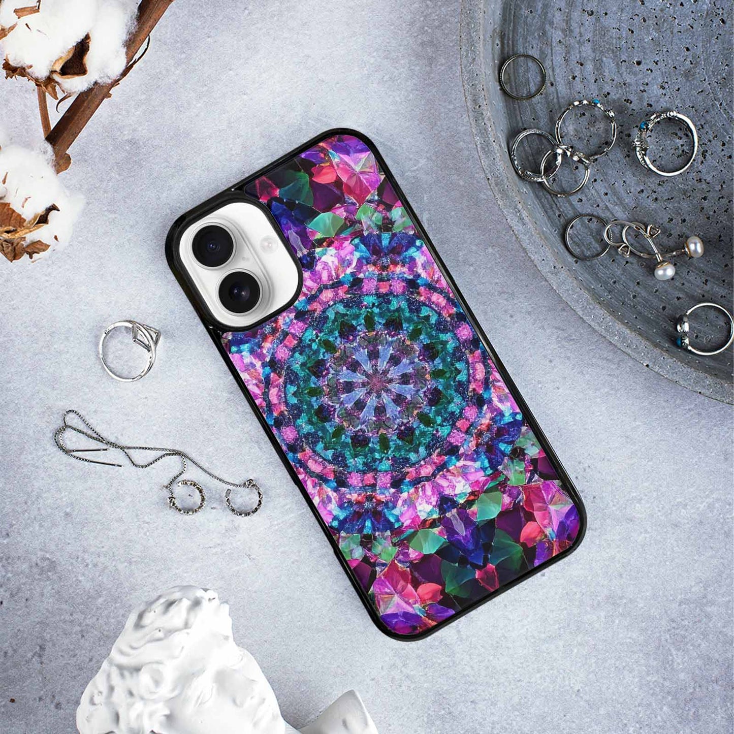 iPhone 16 Plus Case — Crystal Mandala Art Seamless Pattern Vibrant, Personalized Phone Case