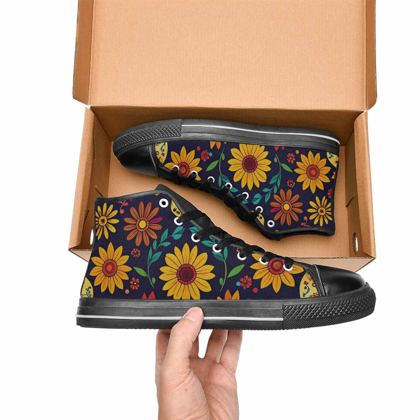 WOMEN'S Sunflowers And Skulls High Top Canvas Cottagecore Custom Shoes