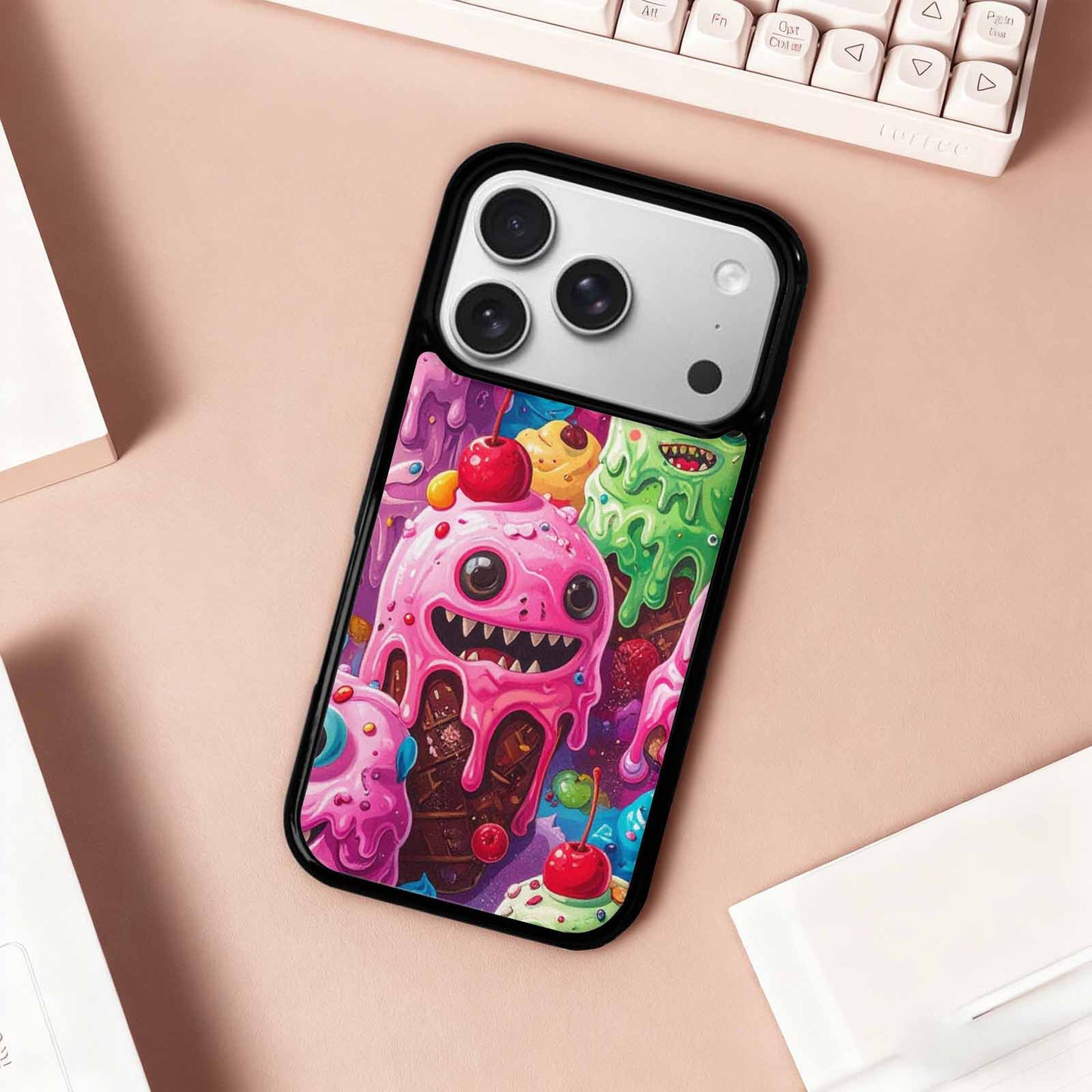 iPhone 17 Pro Case — Melting Icecream Monster Cherry Original Art, Custom Printed Phone Case