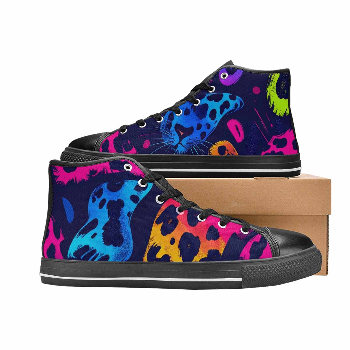 MEN'S Leopard Print Neon High Top Canvas Wallpaper Art Custom Shoes
