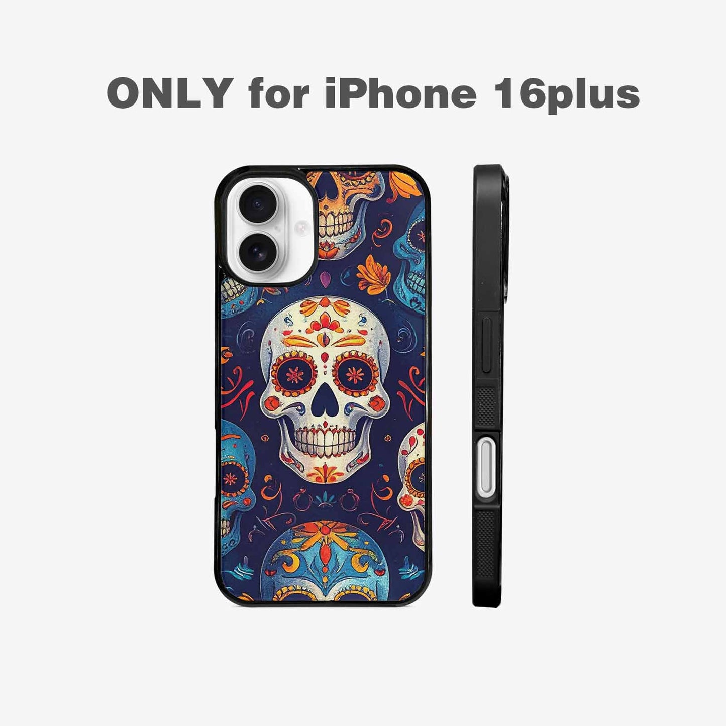 iPhone 16 Plus Case — Day Dead Sugar Skull Art 100s, Custom Printed Phone Case
