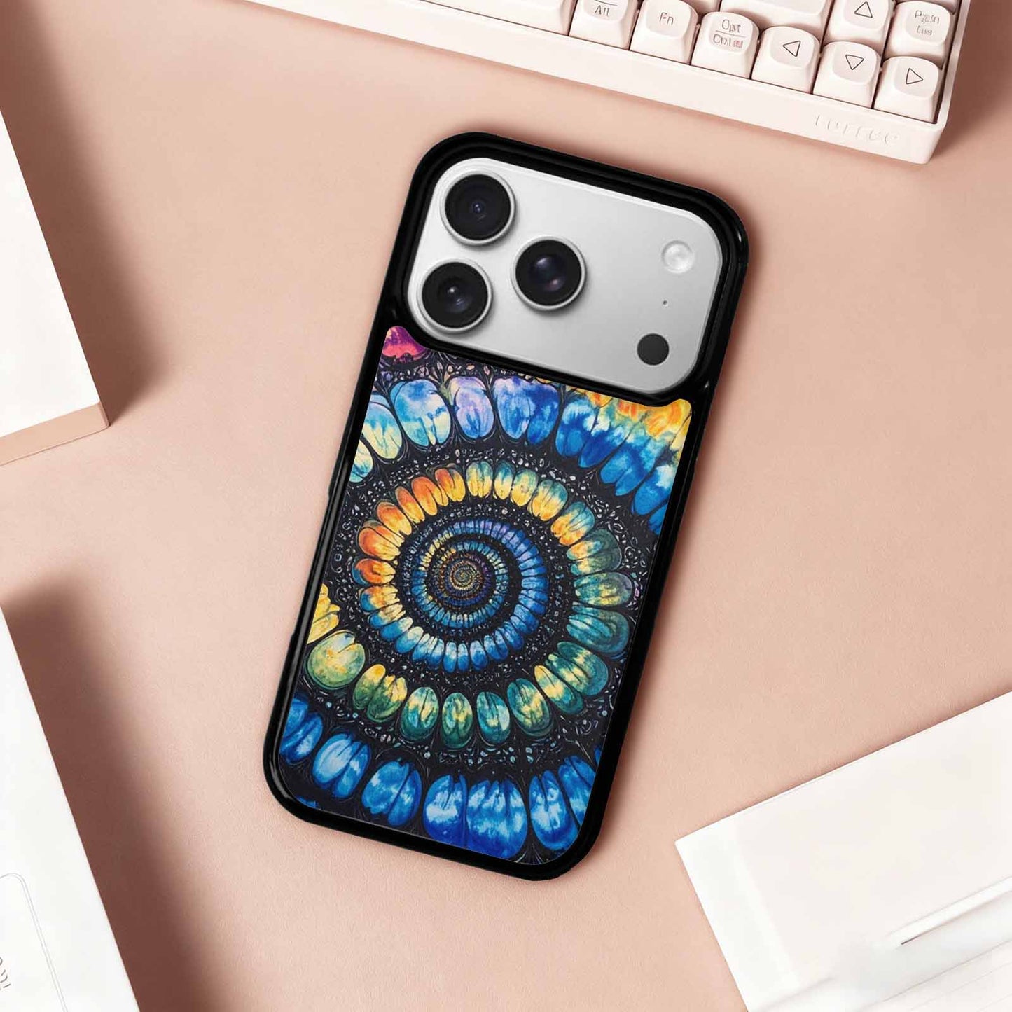iPhone 17 Pro Case — Tie Dye Swirls Black Blue Tie, Customized Protective Case