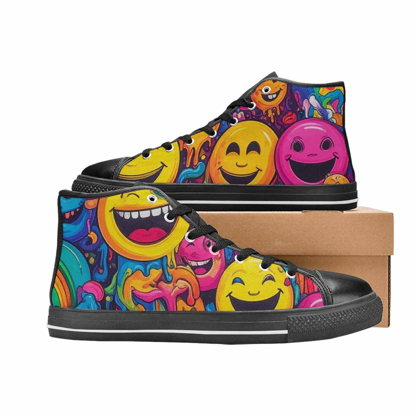 MEN'S Yellow Smiley Face High Top Canvas Vibrant Chaos Shoes