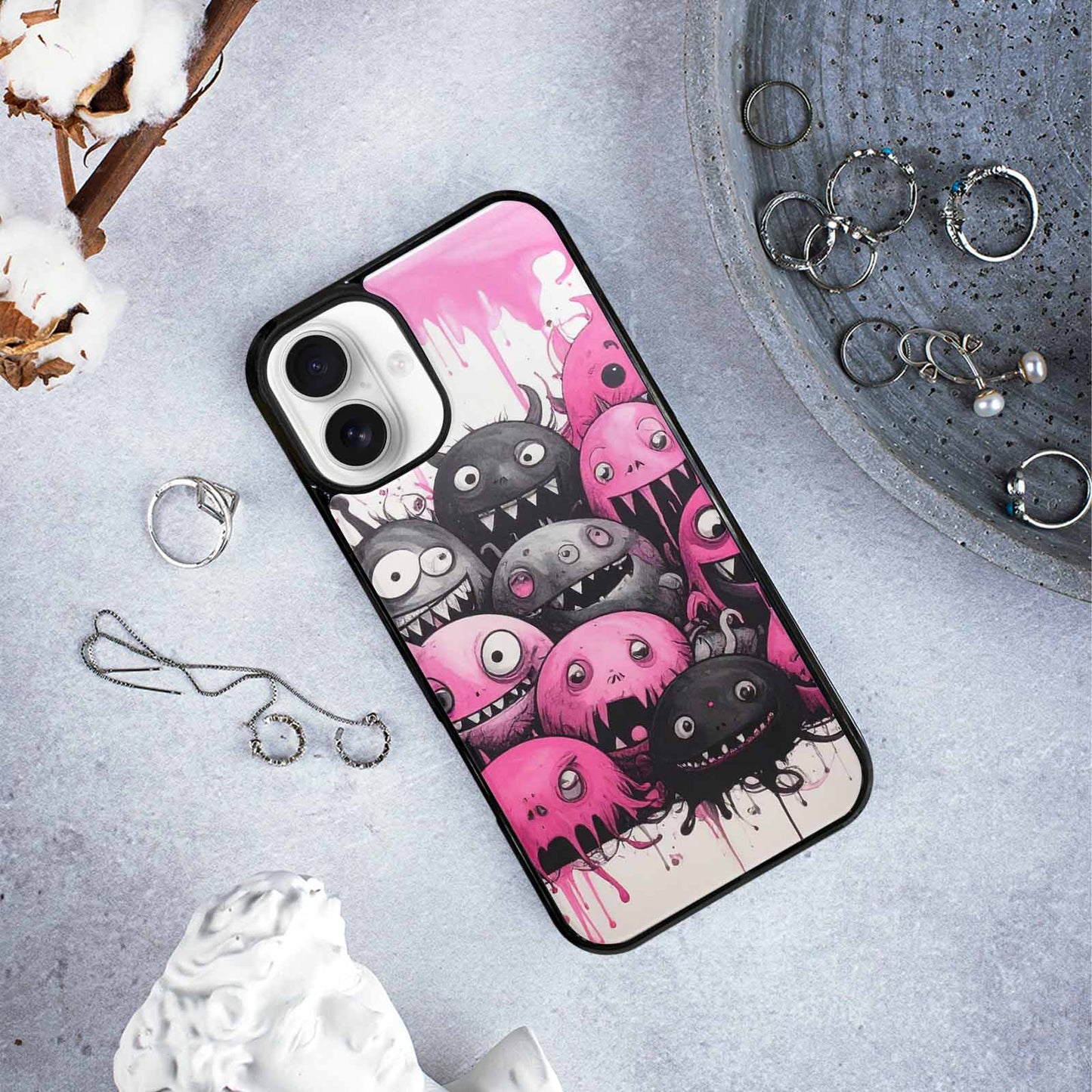 iPhone 16 Plus Case — Monsters General Black Pink Ink Cartoon, Unique Phone Case Design