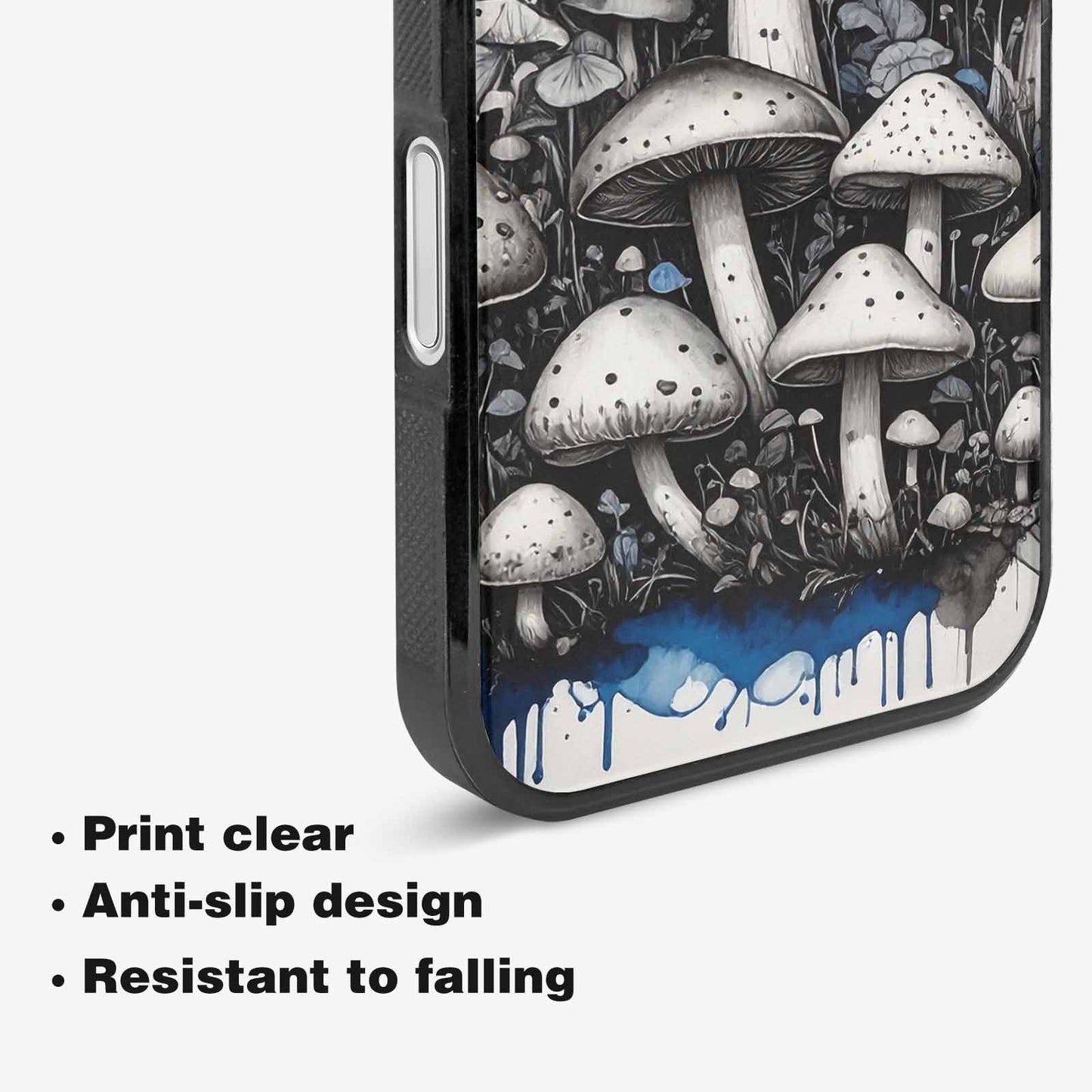 iPhone 16 Plus Case — Mushrooms General Black Blue Ink Mushrooms, Custom Print Case Cover