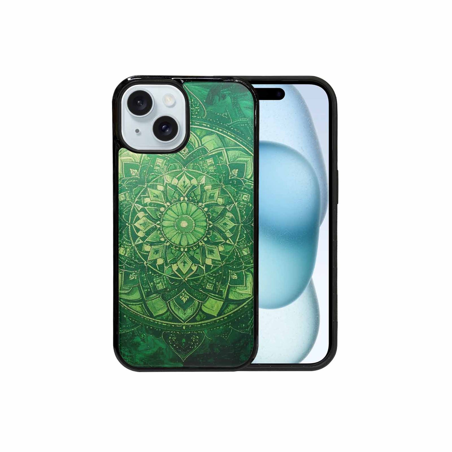iPhone 15 Case — Green Mandala Bohemian Print Edge To, Original Design Phone Case