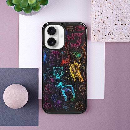 iPhone 16 Case — Neon Glow Outline Icon Pattern Hundreds, Customized Protective Case