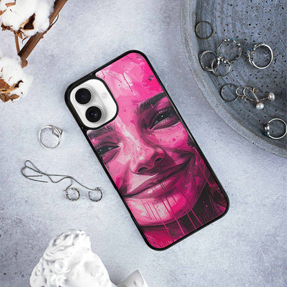 iPhone 16 Plus Case — Melting Moon Smiley Black Pink Ink, Original Design Phone Case