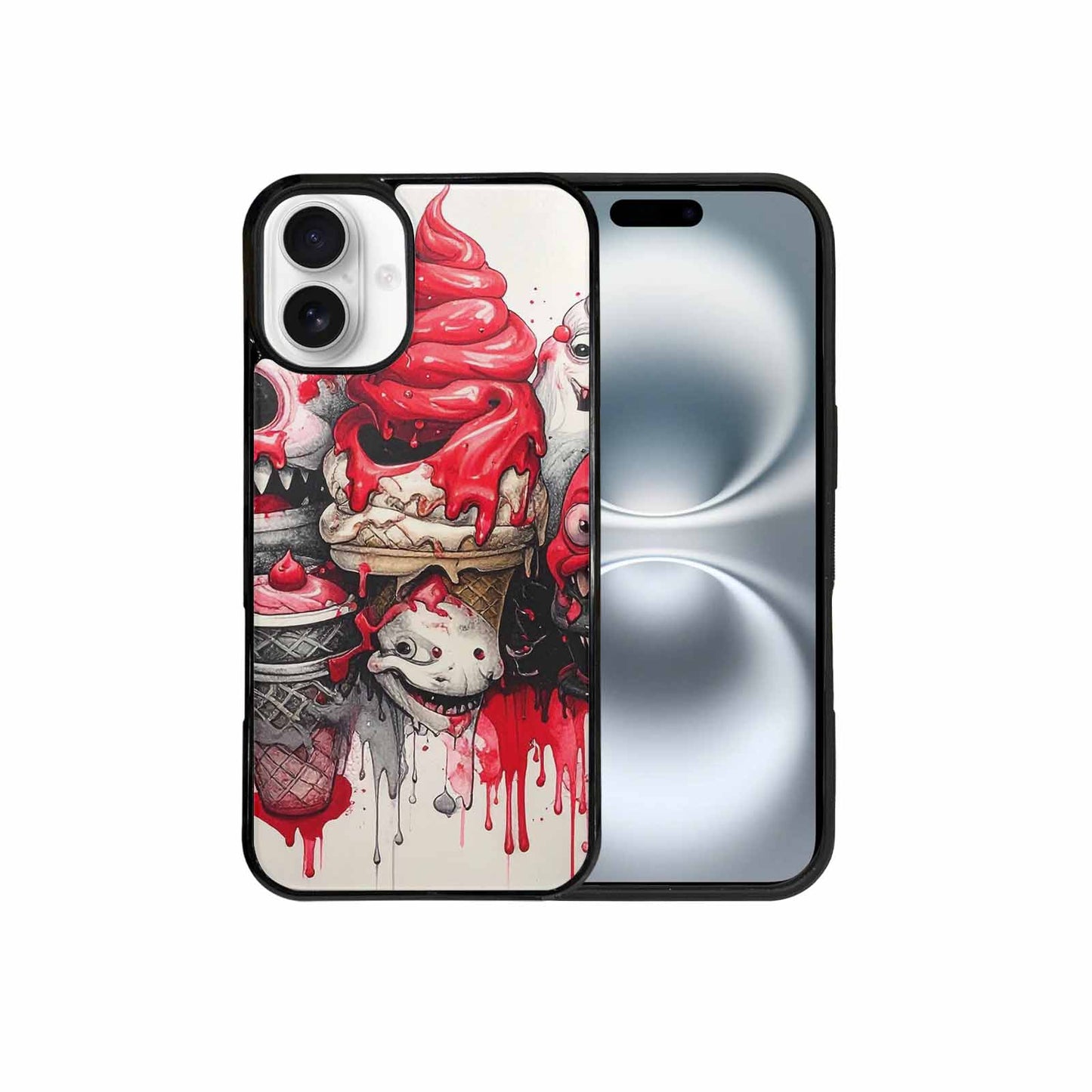 iPhone 16 Plus Case — Ice Cream Monsters Black Red Ink, Personalized Phone Case