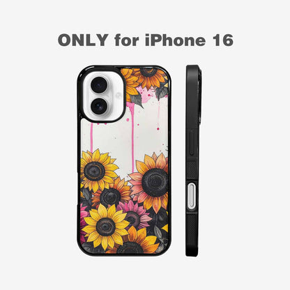 iPhone 16 Case — Sunflower Burst Black Pink Ink Sunflowers, Custom Printed Phone Case