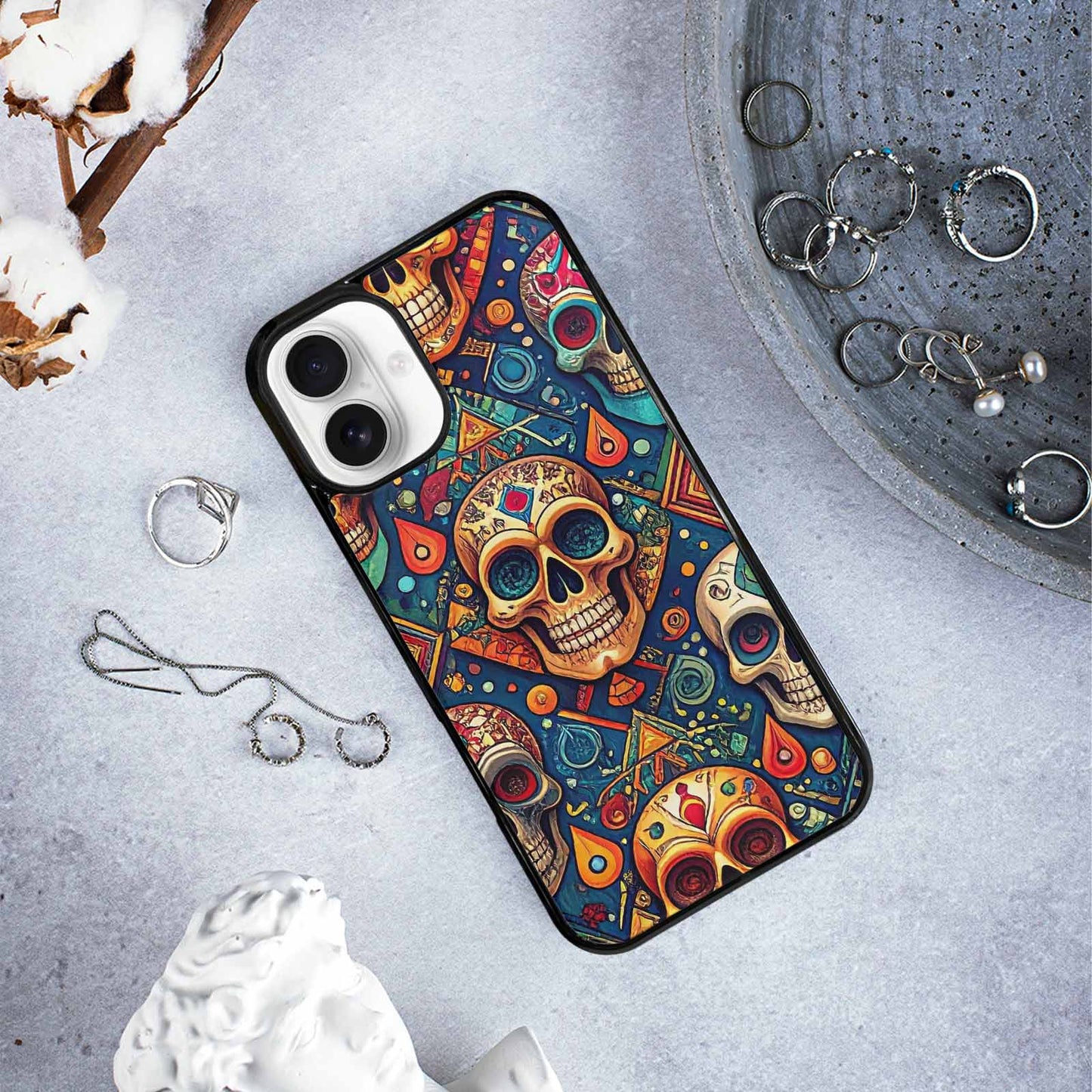 iPhone 16 Plus Case — Sacred Geometry Lots Of Skulls Seamless, Customized Protective Case