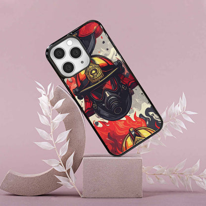 iPhone 15 Pro Max Case — Firefighter Pattern Flames Axes Helmets Seamless, Custom Art Phone Cover