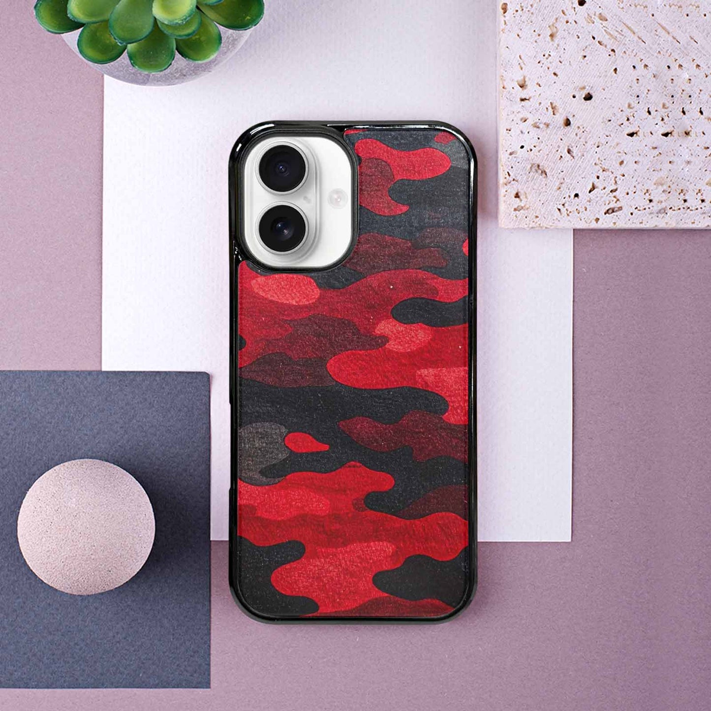 iPhone 16 Case — Tactical Camo Red Black Custom, Custom Printed Phone Case