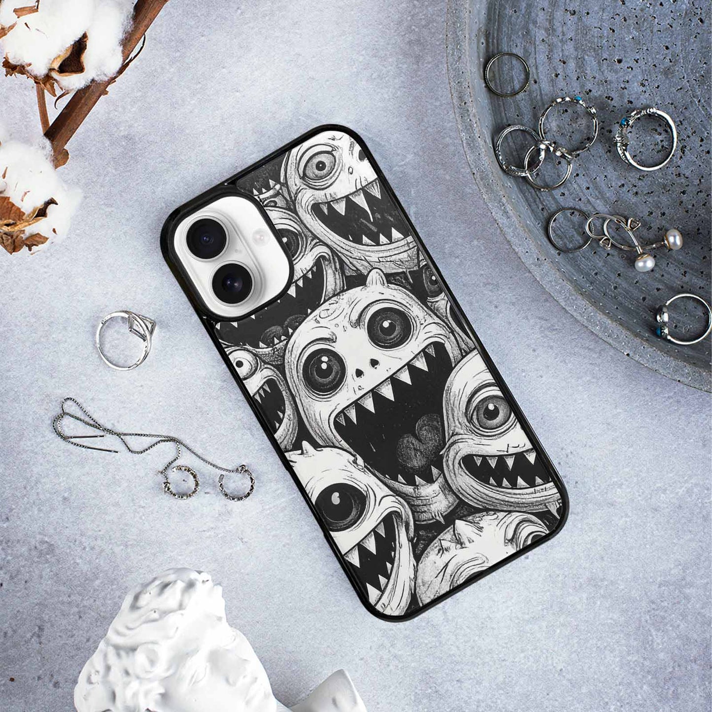 iPhone 16 Plus Case — Black And White Monster Face Collage, Custom Phone Case