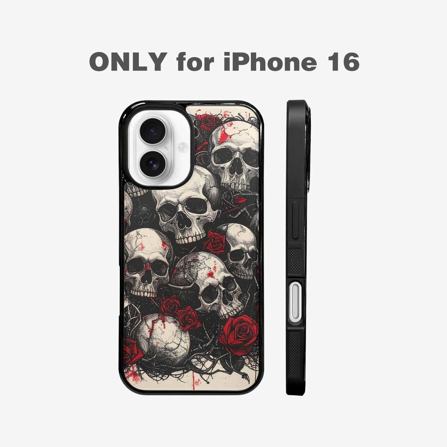 iPhone 16 Case — Skull And Roses Black Red Ink, Customized Protective Case