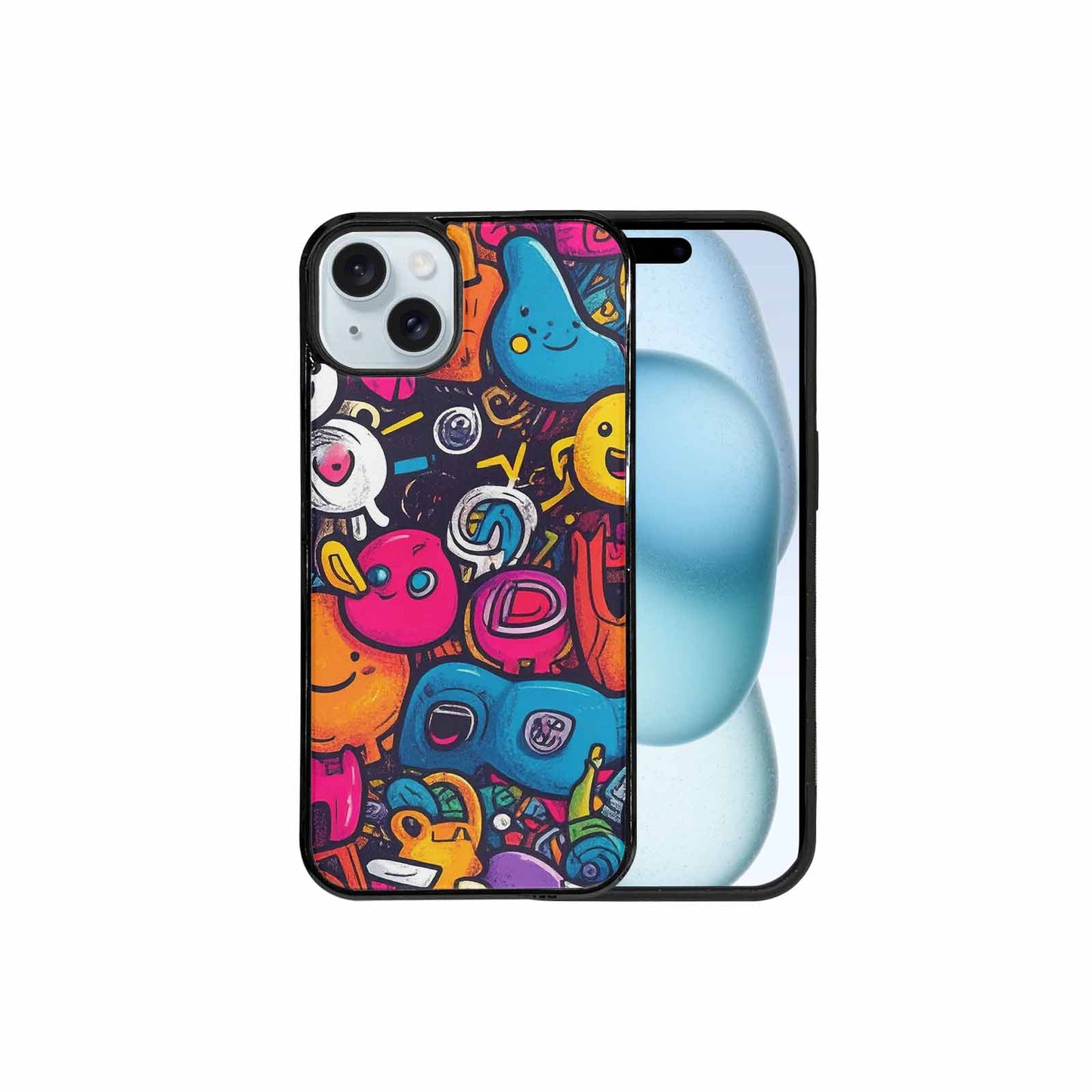 iPhone 15 Plus Case — Hand Drawn Icon Doodle Pattern Hundreds, Personalized Phone Case