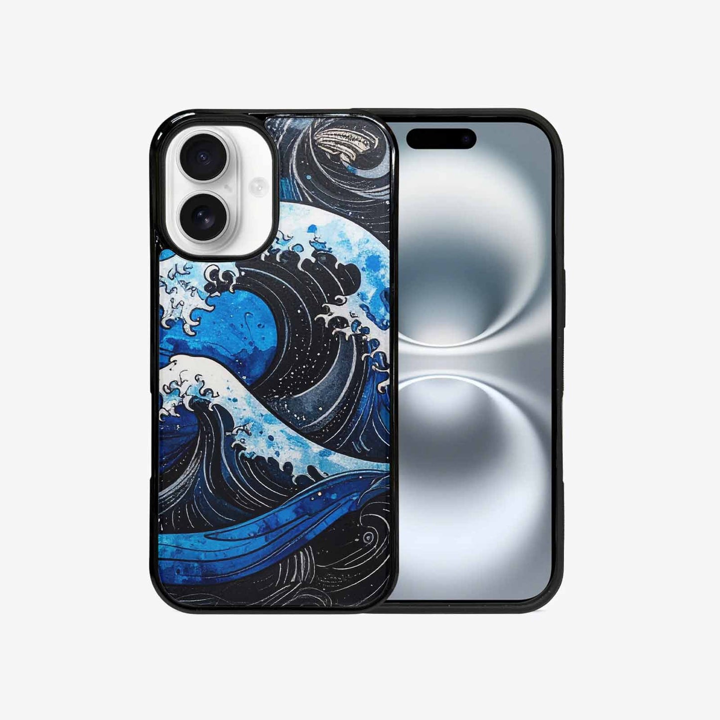 iPhone 16 Case — Nautical Wave Black Blue Ink Wave, Custom Made Phone Cover