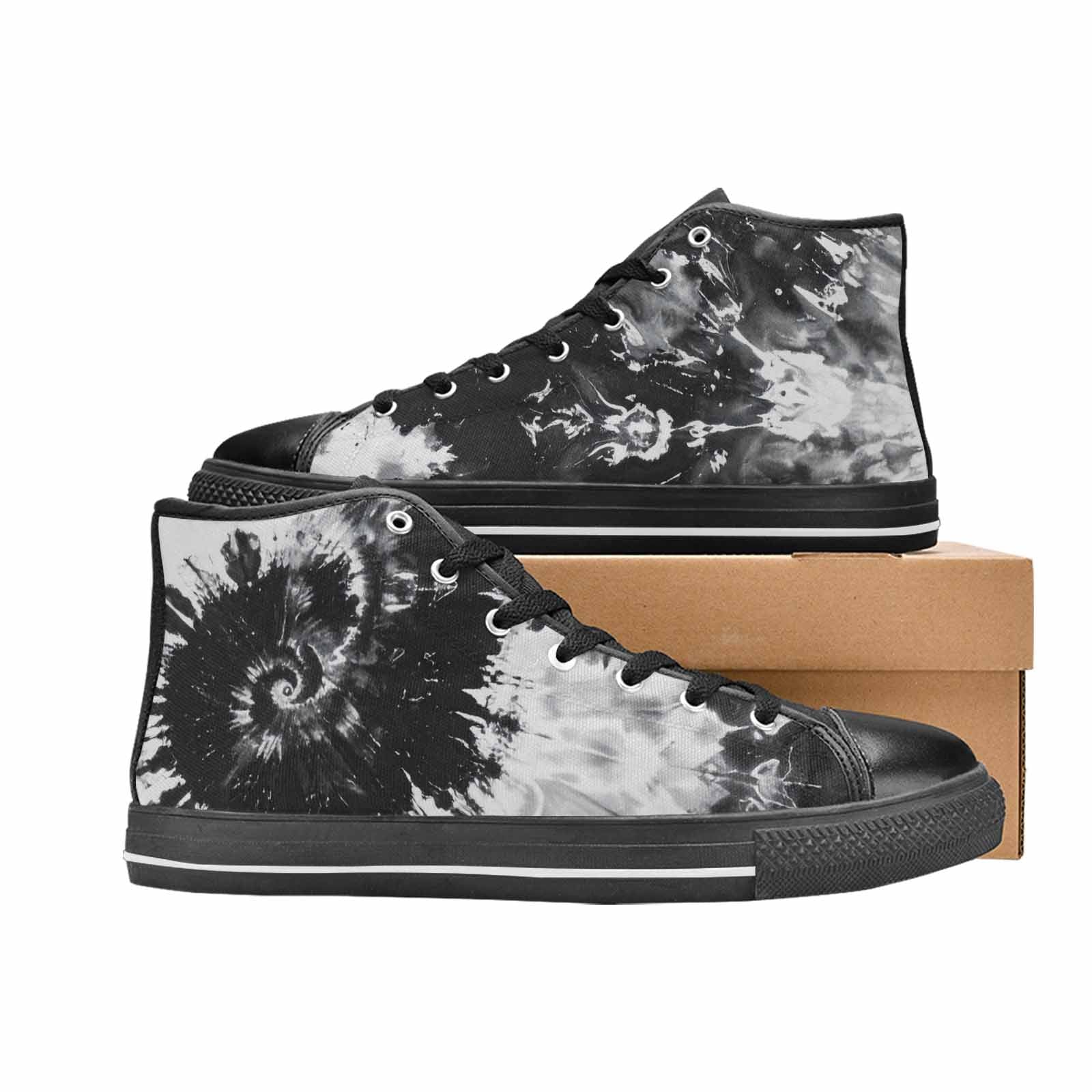 WOMEN'S Tie Dye Acid Wash Black White High Top Canvas Wallpaper Art Custom Sneakers