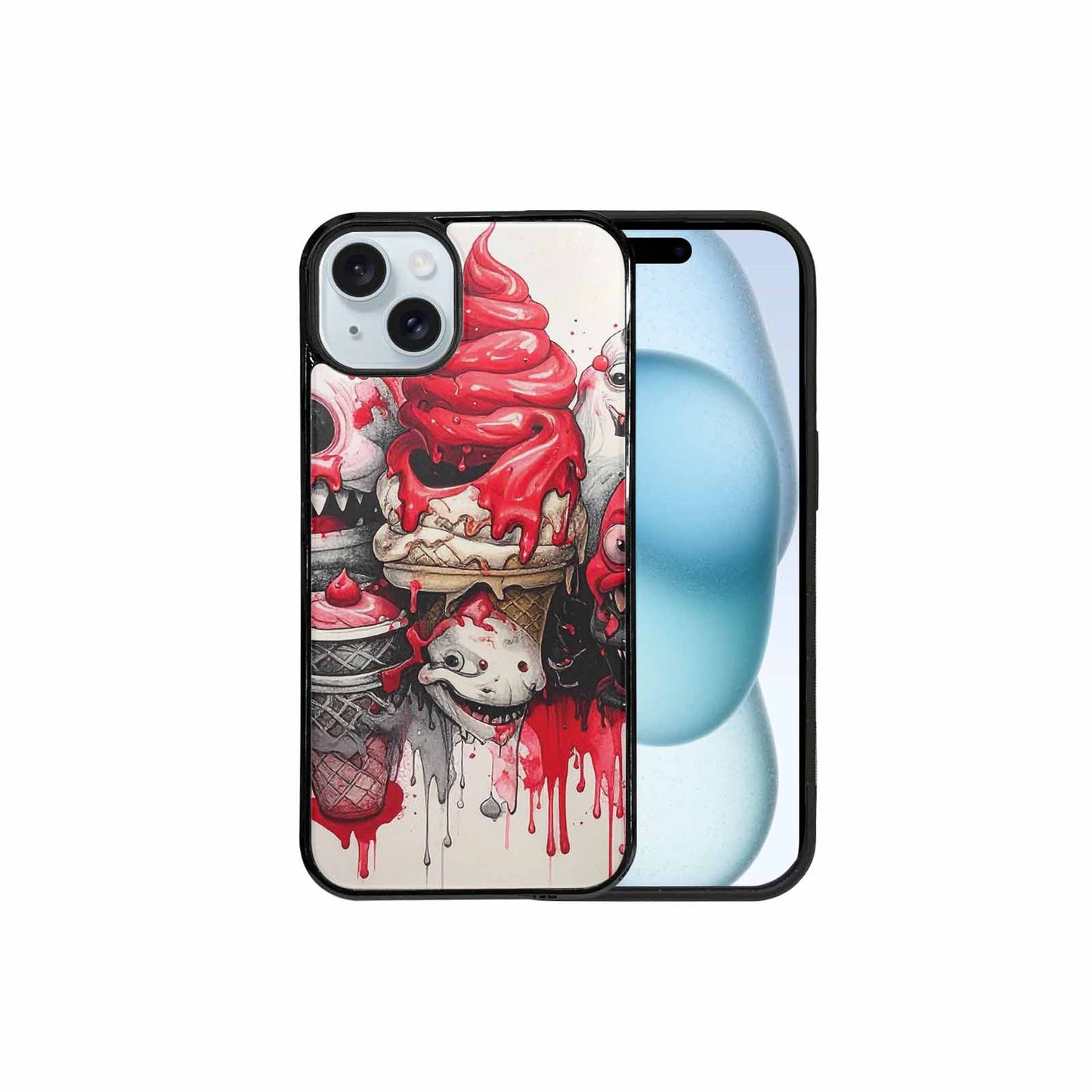iPhone 15 Plus Case — Ice Cream Monsters Black Red Ink, Custom Print Case Cover