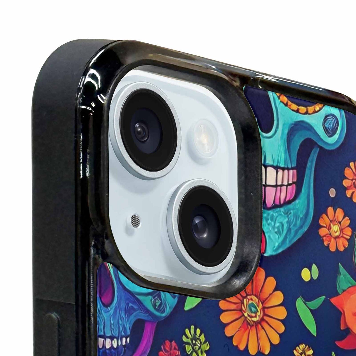 iPhone 15 Plus Case — Rainbow Sugar Skull Weave, Custom Printed Phone Case
