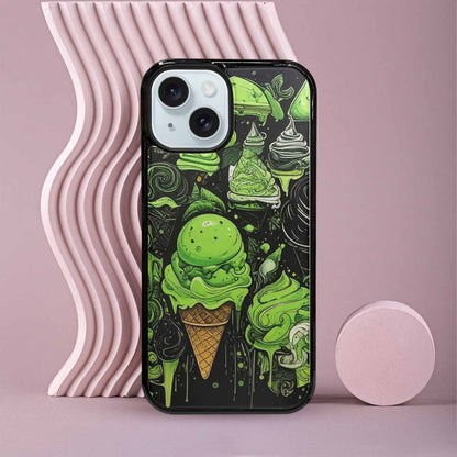 iPhone 15 Case — Ice Cream Motif Black Green Ink, Original Design Phone Case
