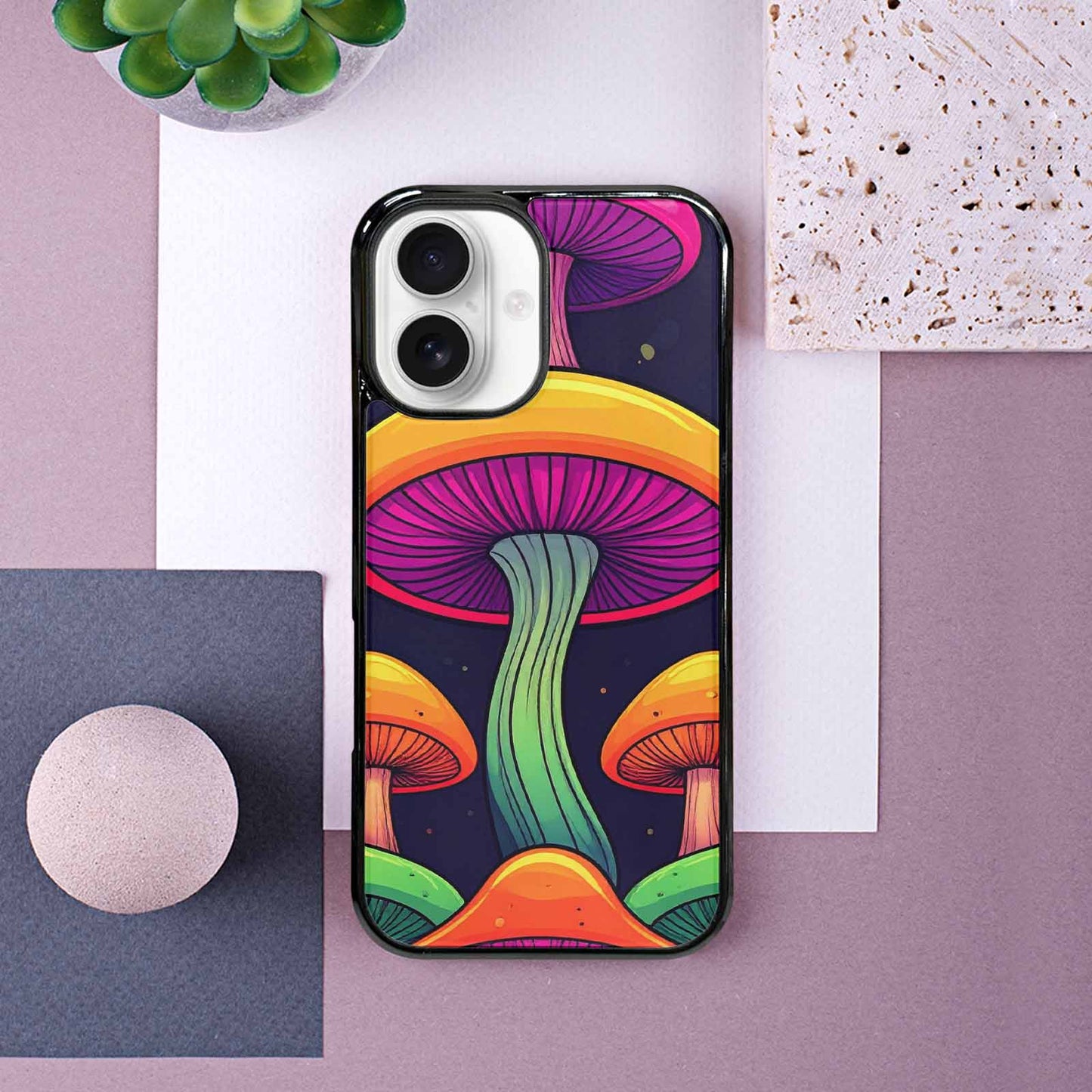 iPhone 16 Case — Psychedelic Mushroom Cartoon Pattern, Unique Phone Case Design