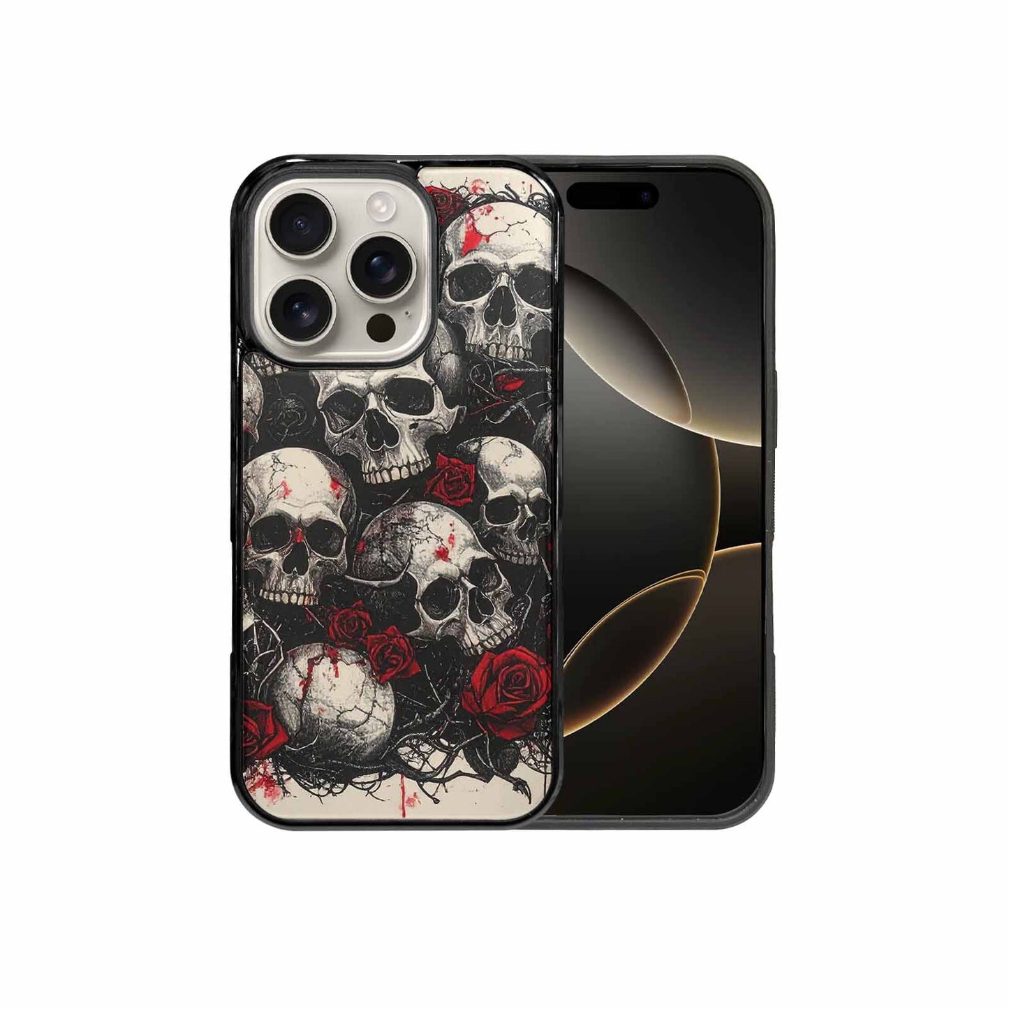 iPhone 16 Pro Case — Skull And Roses Black Red Ink, Custom Printed Phone Case